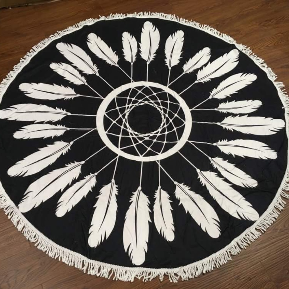 🌴 Round Beach Towel Throw Dreamcatcher Black